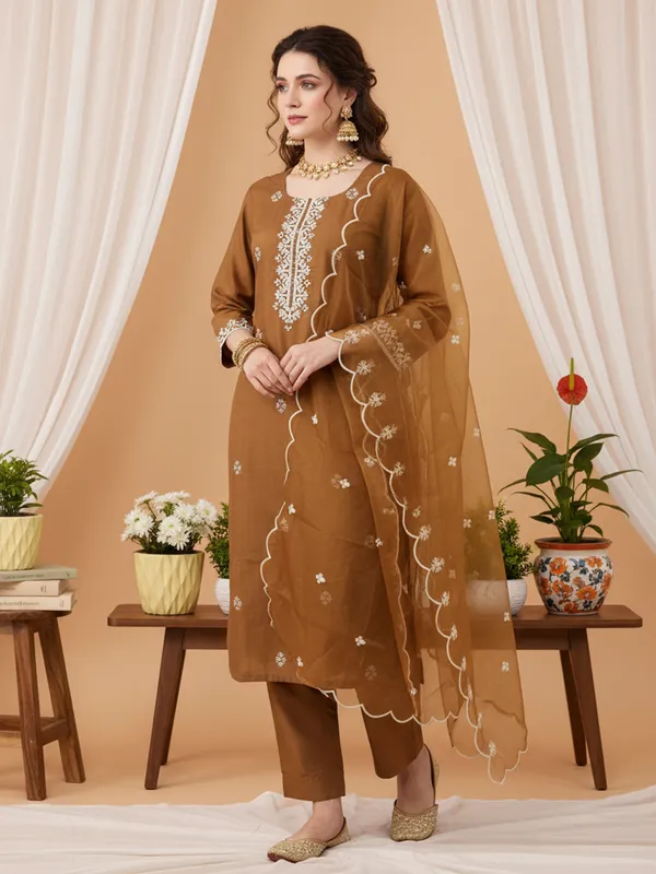 Brown_Embroidered_Straight_Kurta_Trousers_With_Dupatta_Set