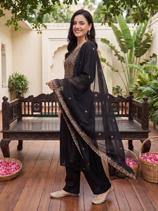 Black_Embroidered_Straight_Kurta_Trousers_With_Dupatta_Set