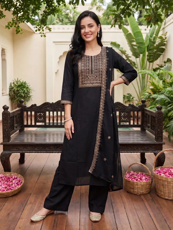 Black_Embroidered_Straight_Kurta_Trousers_With_Dupatta_Set