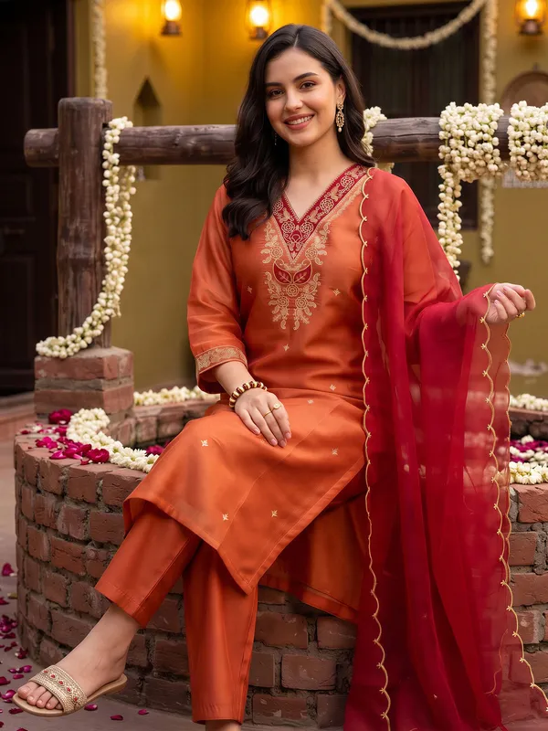 Orange_Embroidered_Straight_Kurta_Trousers_With_Dupatta_Set