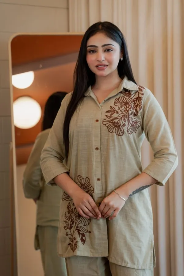 Floral_embroidered_cotton_collar_neck_Beige_Co-Ord_Set