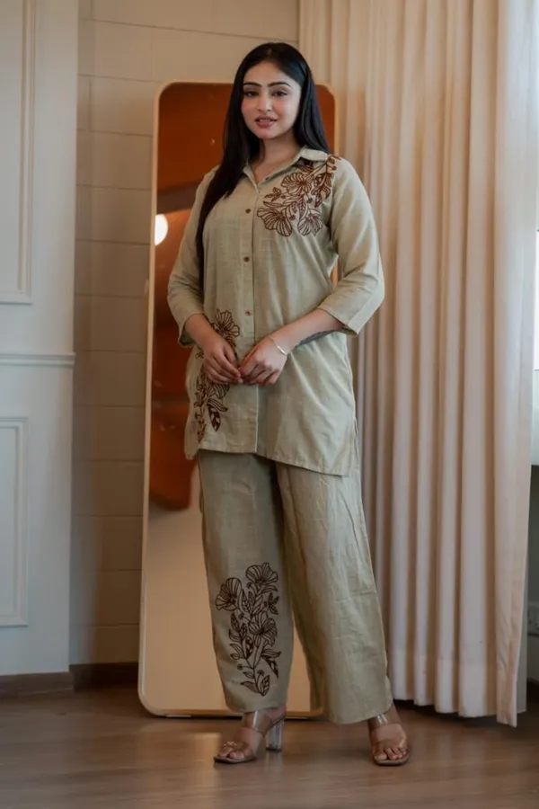 Floral_embroidered_cotton_collar_neck_Beige_Co-Ord_Set