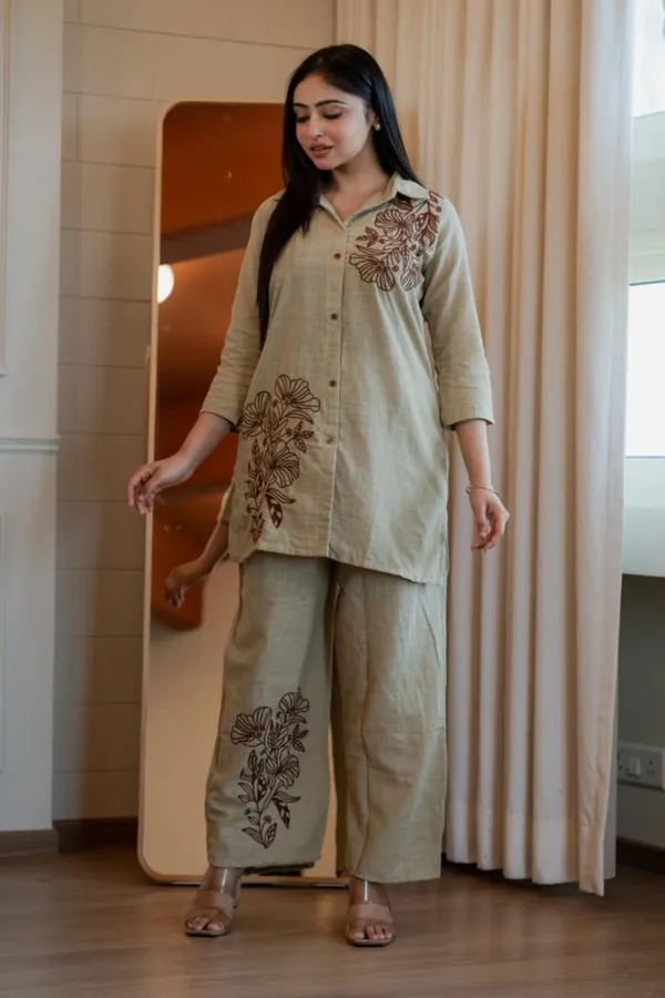 Floral_embroidered_cotton_collar_neck_Beige_Co-Ord_Set