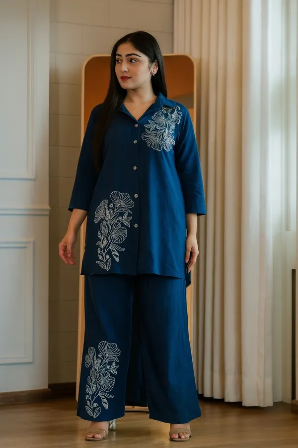 Floral_embroidered_cotton_collar_neck_Blue_Co-Ord_Set