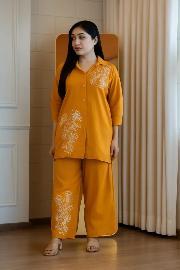 Floral_embroidered_cotton_collar_neck_Yellow_Co-Ord_Set