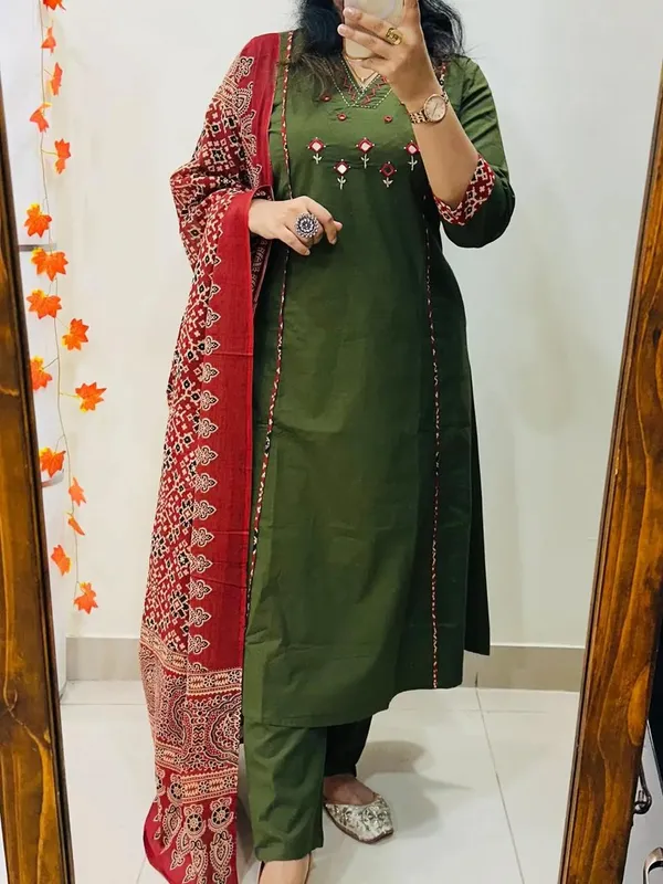 Floral_Embroidered_Pure_Cotton_V_Neck_Kurta_Trouser_&_Dupatta_Set
