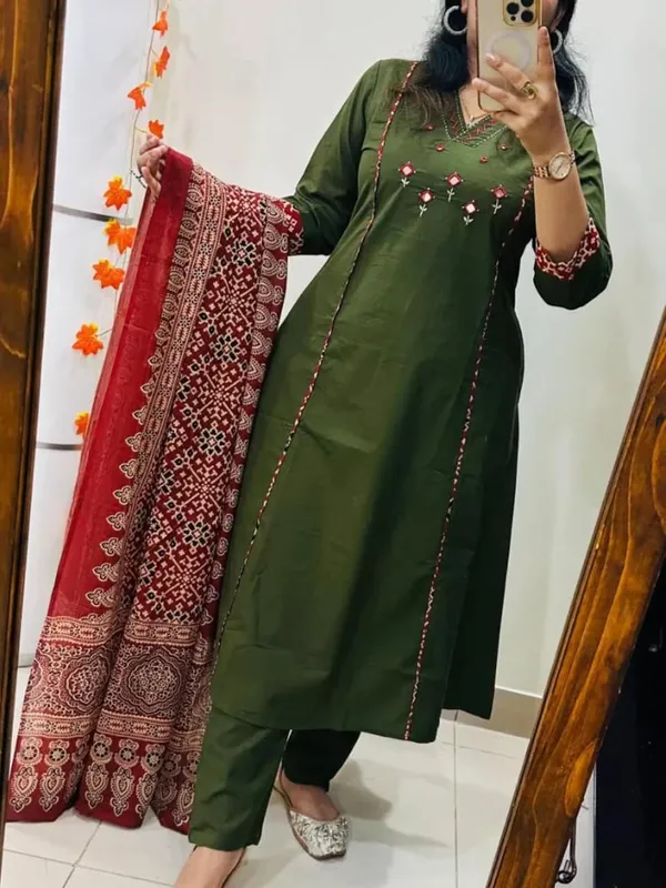 Floral_Embroidered_Pure_Cotton_V_Neck_Kurta_Trouser_&_Dupatta_Set
