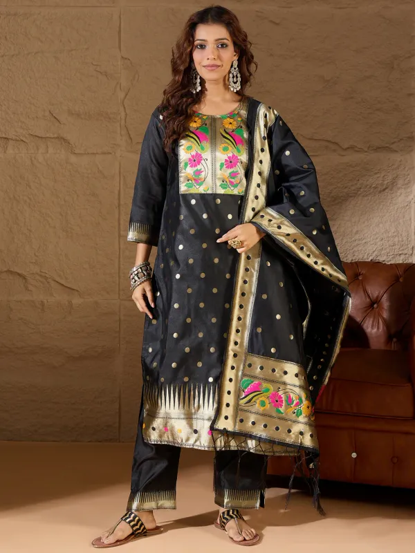 Floral_Embroidered_Cotton_Silk_Round_Neck_Kurta_Trouser_&_Dupatta_Set