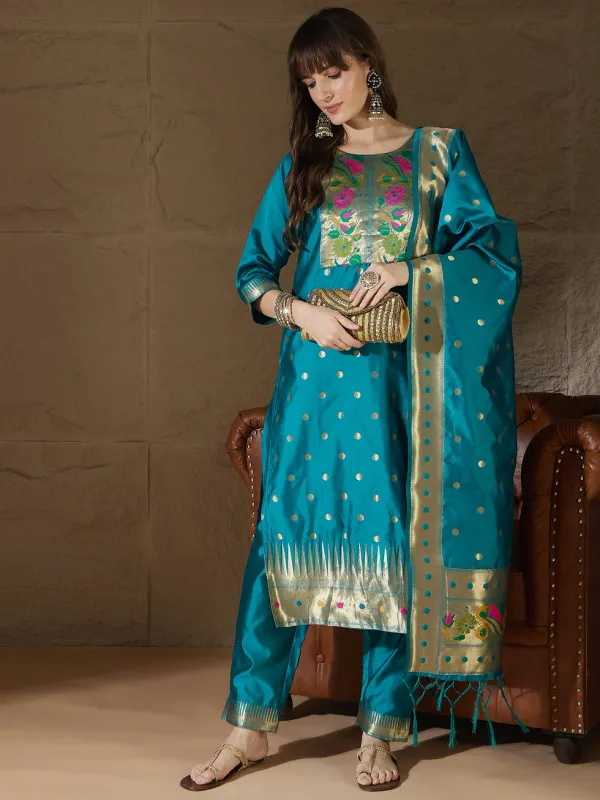 Floral_Embroidered_Cotton_Silk_Round_Neck_Kurta_Trouser_&_Dupatta_Set