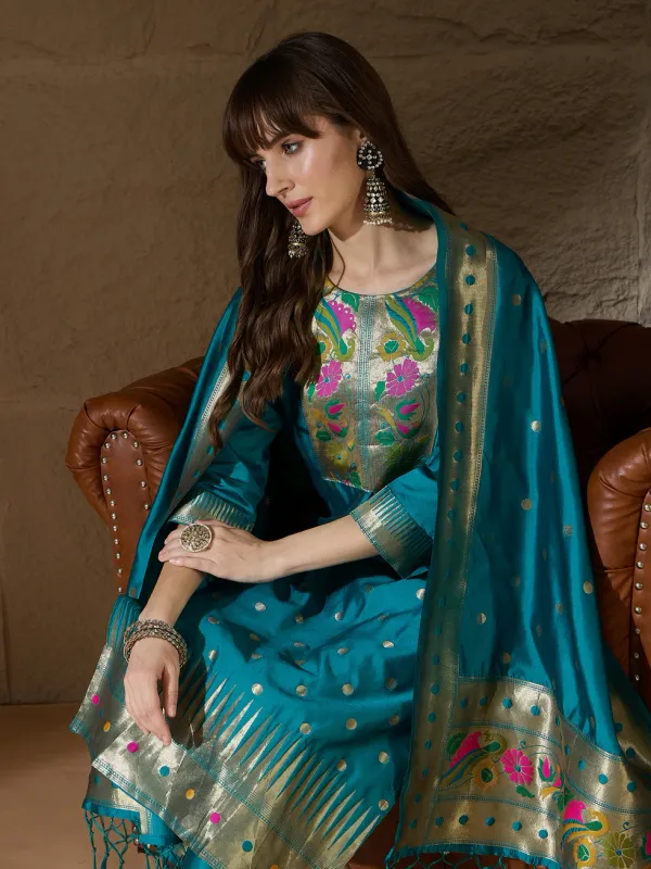 Floral_Embroidered_Cotton_Silk_Round_Neck_Kurta_Trouser_&_Dupatta_Set