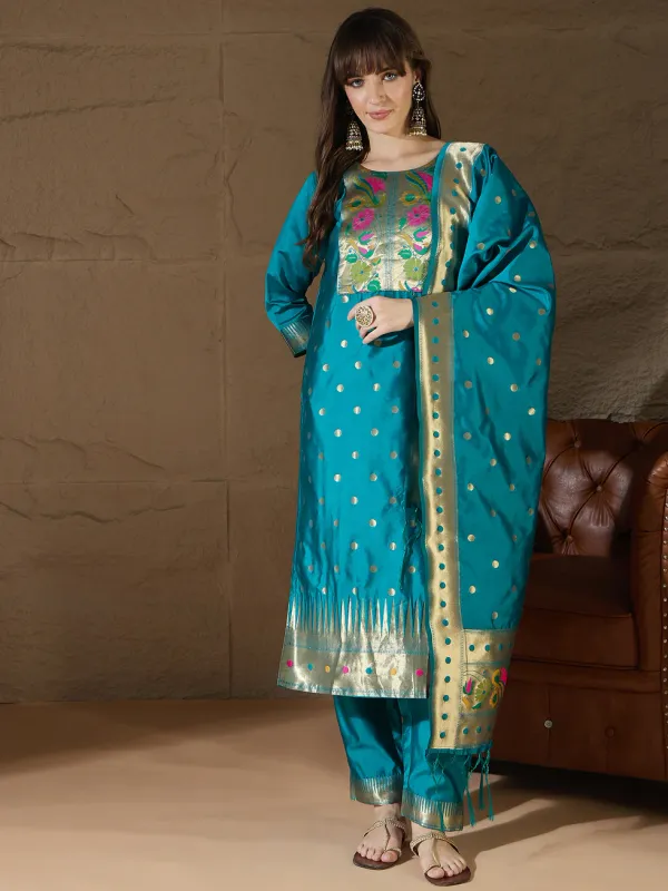 Floral_Embroidered_Cotton_Silk_Round_Neck_Kurta_Trouser_&_Dupatta_Set