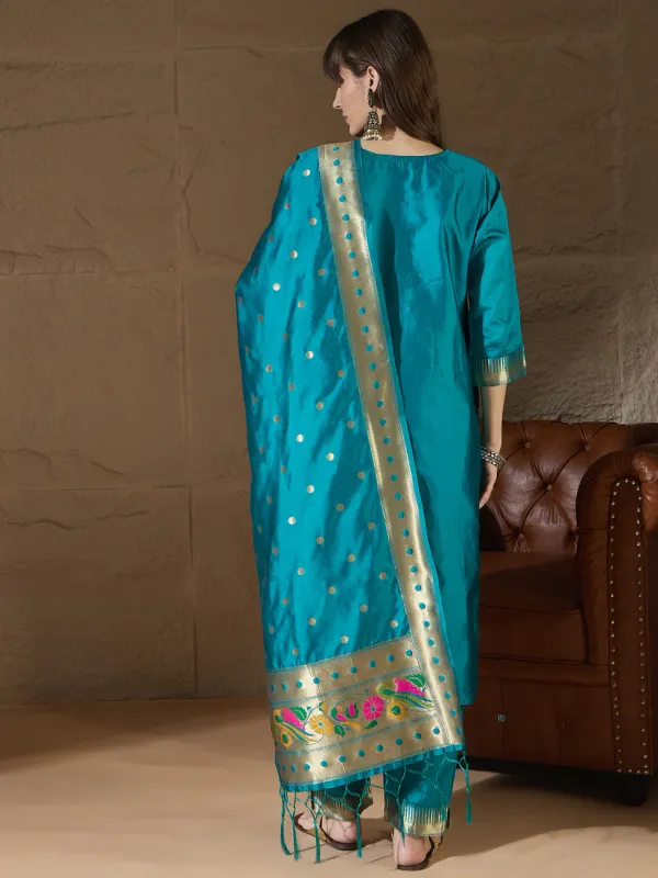 Floral_Embroidered_Cotton_Silk_Round_Neck_Kurta_Trouser_&_Dupatta_Set
