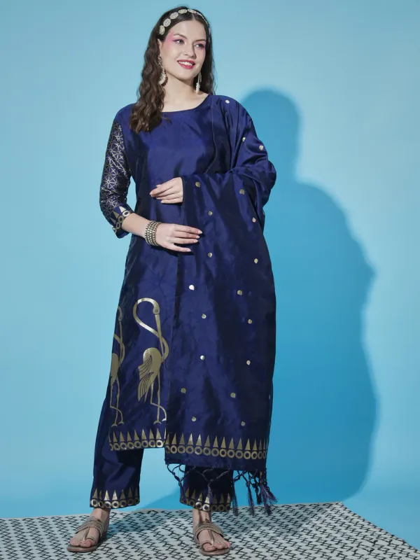 Floral_Printed_Cotton_Silk_Round_Neck_Kurta_Trouser_&_Dupatta_Set