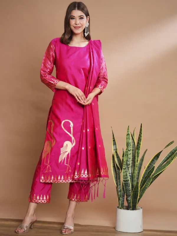 Floral_Printed_Cotton_Silk_Round_Neck_Kurta_Trouser_&_Dupatta_Set