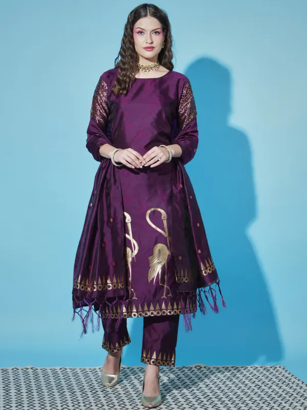 Floral_Printed_Cotton_Silk_Round_Neck_Kurta_Trouser_&_Dupatta_Set