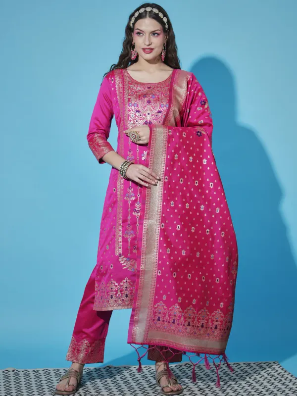 Floral_Printed_Silk_Blend_Round_Neck_Kurta_Trouser_&_Dupatta_Set