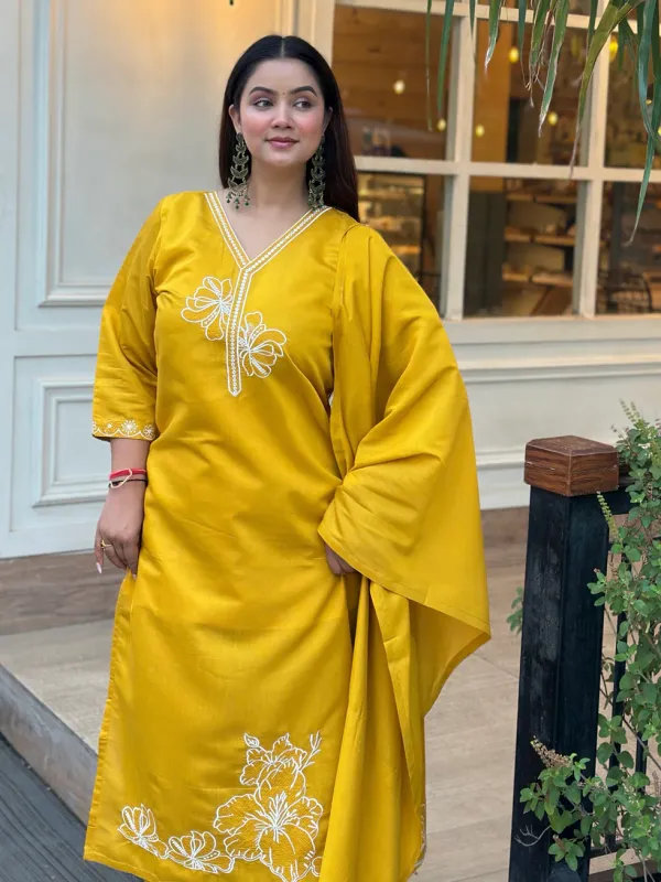Floral_Embroidered_Silk_Blend_V_Neck_Kurta_Trouser_&_Dupatta_Set