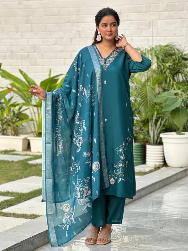 Floral_Embroidered_Silk_Blend_V_Neck_Kurta_Trouser_&_Dupatta_Set