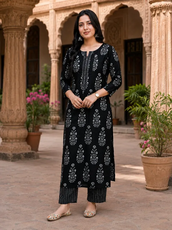 Floral_Printed_Pure_Cotton_Round_Neck_Black_Kurta_Trouser_&_Dupatta_Set