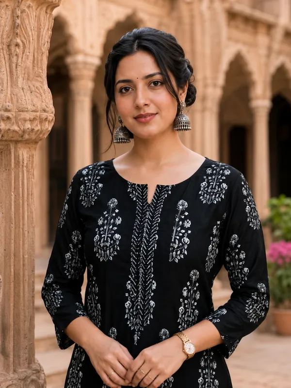 Floral_Printed_Pure_Cotton_Round_Neck_Black_Kurta_Trouser_&_Dupatta_Set