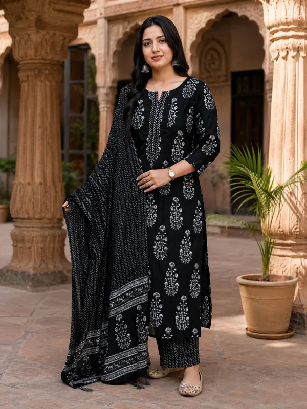 Floral_Printed_Pure_Cotton_Round_Neck_Black_Kurta_Trouser_&_Dupatta_Set