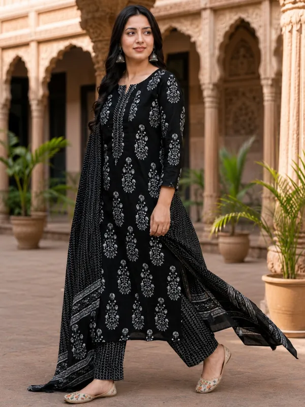 Floral_Printed_Pure_Cotton_Round_Neck_Black_Kurta_Trouser_&_Dupatta_Set
