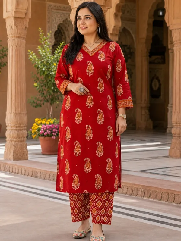 Floral_Printed_Pure_Cotton_V_Neck_Red_Kurta_Trouser_&_Dupatta_Set