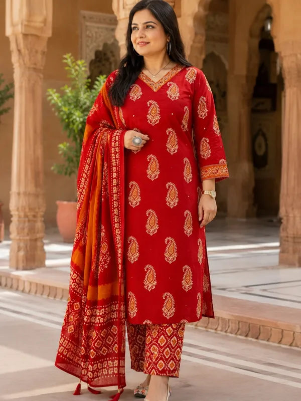 Floral_Printed_Pure_Cotton_V_Neck_Red_Kurta_Trouser_&_Dupatta_Set