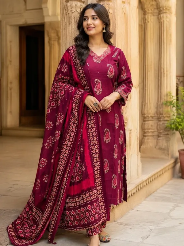 Floral_Printed_Pure_Cotton_V_Neck_Wine_Kurta_Trouser_&_Dupatta_Set