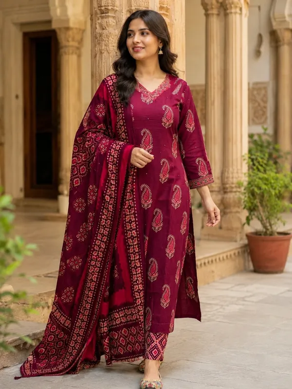 Floral_Printed_Pure_Cotton_V_Neck_Wine_Kurta_Trouser_&_Dupatta_Set