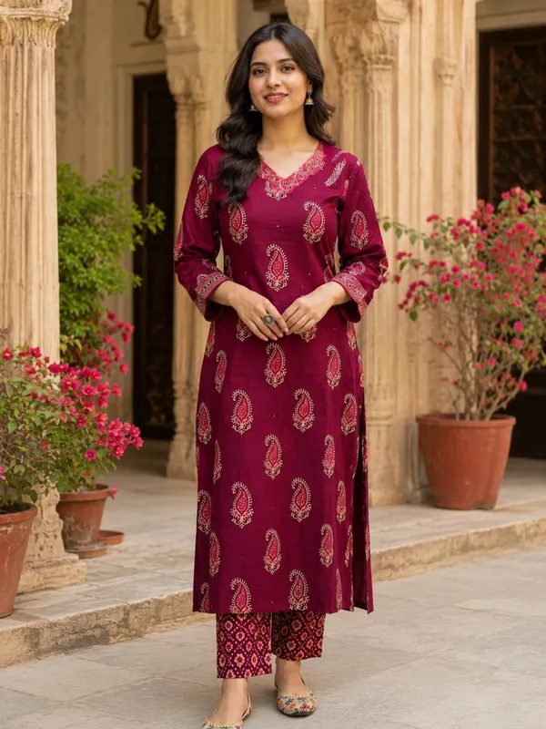 Floral_Printed_Pure_Cotton_V_Neck_Wine_Kurta_Trouser_&_Dupatta_Set