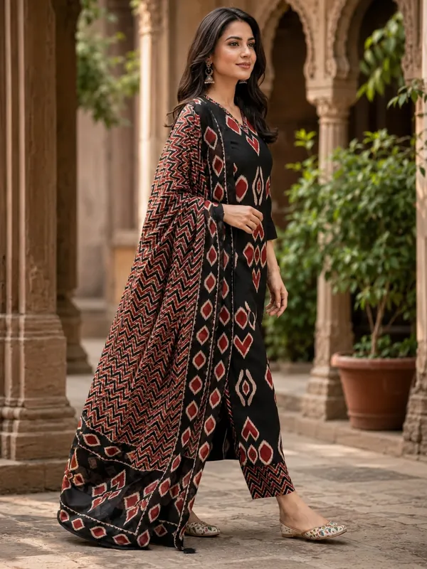 Floral_Printed_Pure_Cotton_V_Neck_Black_Kurta_Trouser_&_Dupatta_Set