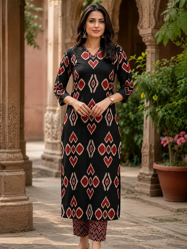 Floral_Printed_Pure_Cotton_V_Neck_Black_Kurta_Trouser_&_Dupatta_Set