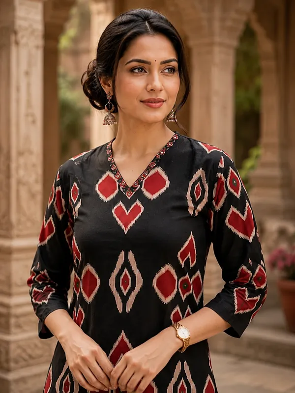 Floral_Printed_Pure_Cotton_V_Neck_Black_Kurta_Trouser_&_Dupatta_Set