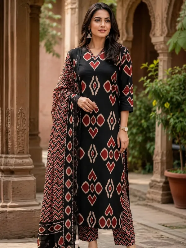 Floral_Printed_Pure_Cotton_V_Neck_Black_Kurta_Trouser_&_Dupatta_Set