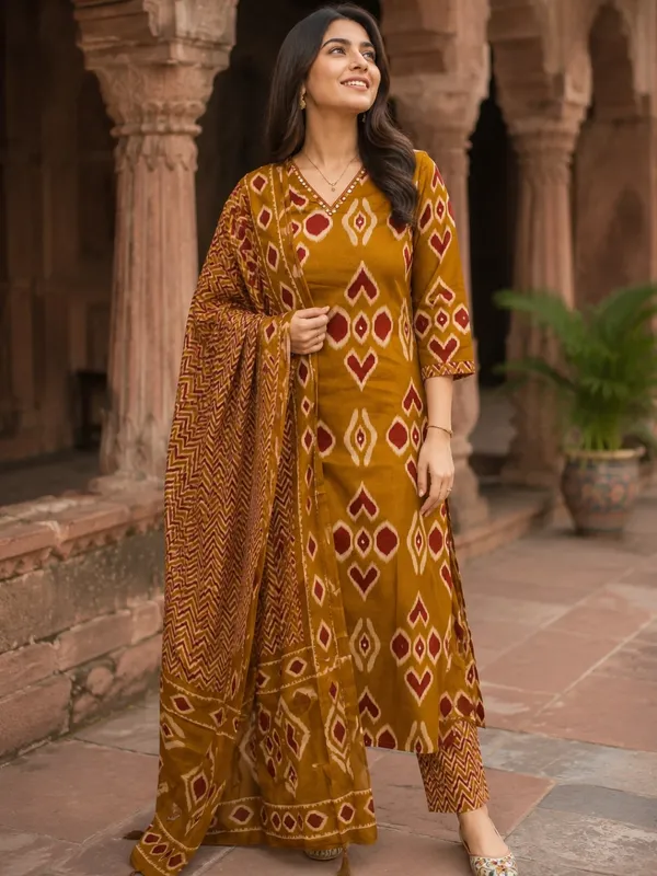 Floral_Printed_Pure_Cotton_V_Neck_Yellow_Kurta_Trouser_&_Dupatta_Set