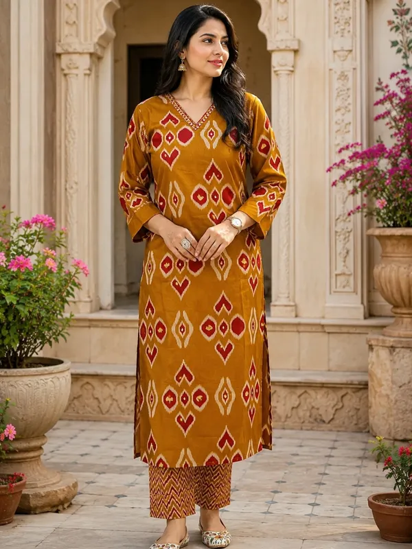 Floral_Printed_Pure_Cotton_V_Neck_Yellow_Kurta_Trouser_&_Dupatta_Set
