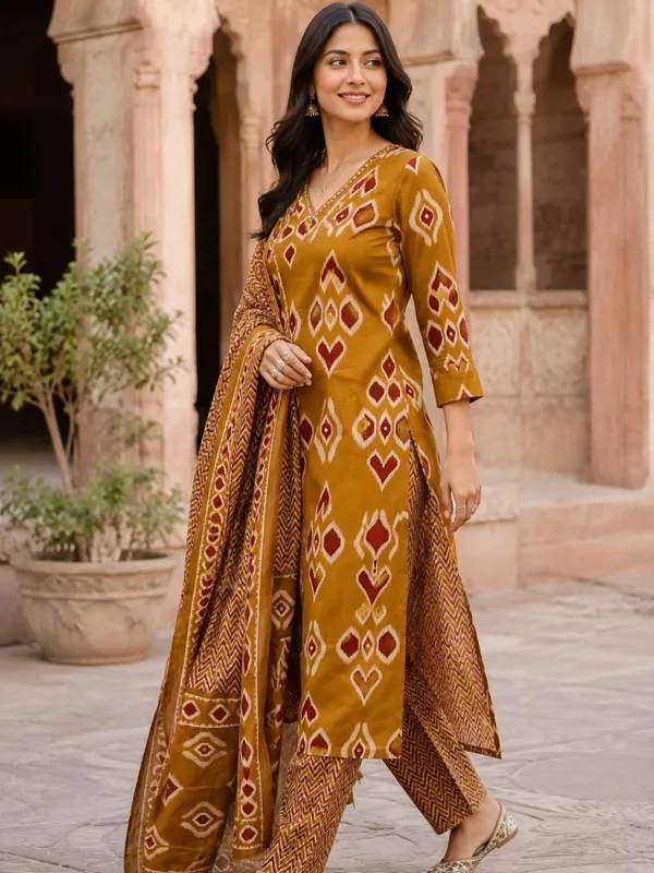 Floral_Printed_Pure_Cotton_V_Neck_Yellow_Kurta_Trouser_&_Dupatta_Set