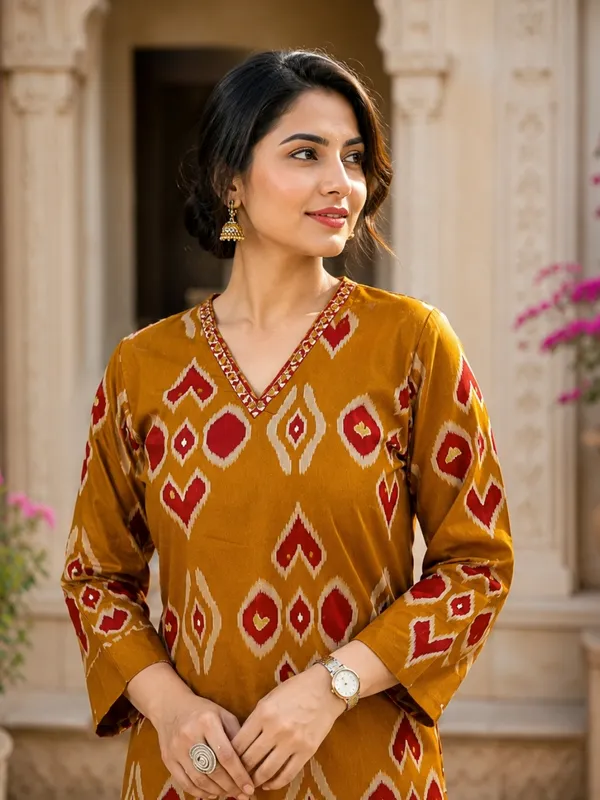 Floral_Printed_Pure_Cotton_V_Neck_Yellow_Kurta_Trouser_&_Dupatta_Set