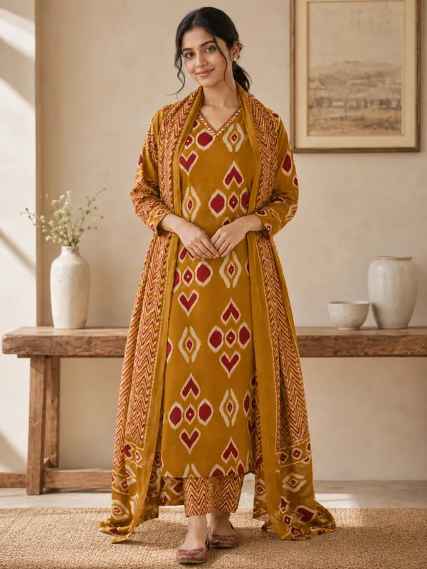 Floral_Printed_Pure_Cotton_V_Neck_Kurta_Trouser_&_Dupatta_Set