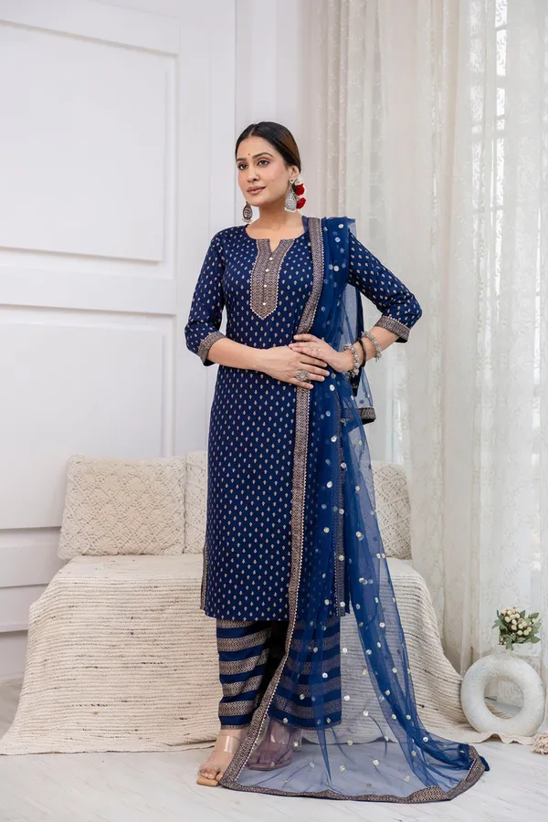 Navy_Blue_Floral_Printed_Viscose_Rayon_Kurta_Set_For_Women