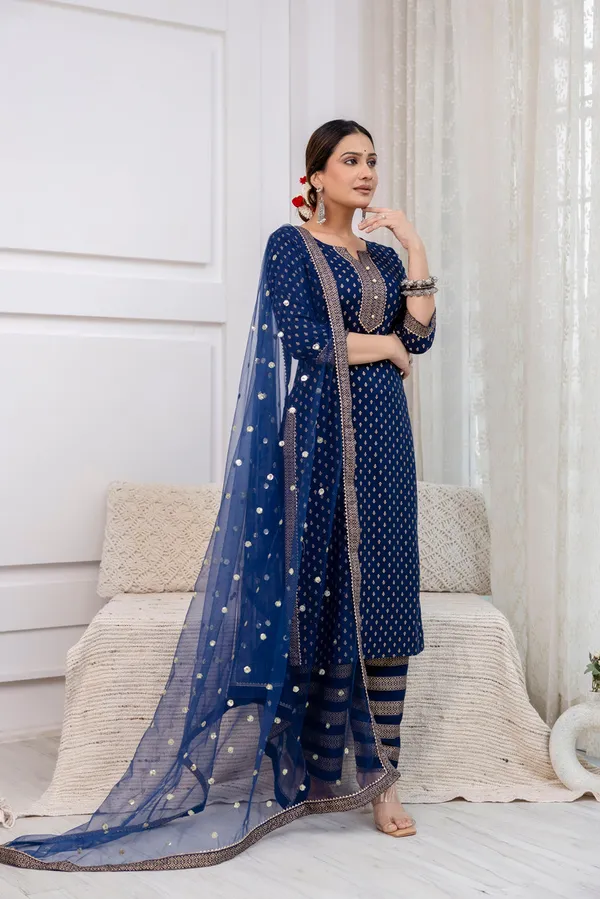 Navy_Blue_Floral_Printed_Viscose_Rayon_Kurta_Set_For_Women