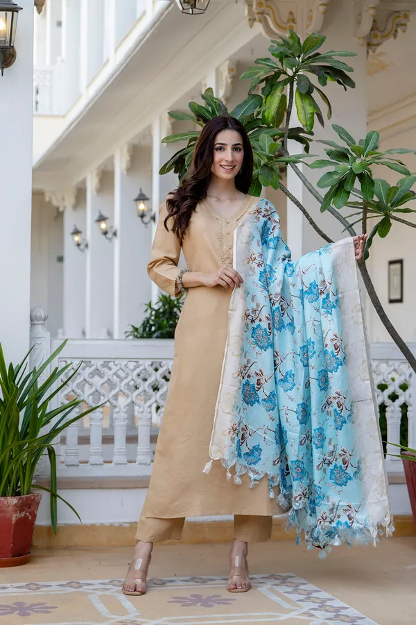 Beige_Floral_Printed_Pure_Cotton_Kurta_Set_For_Women