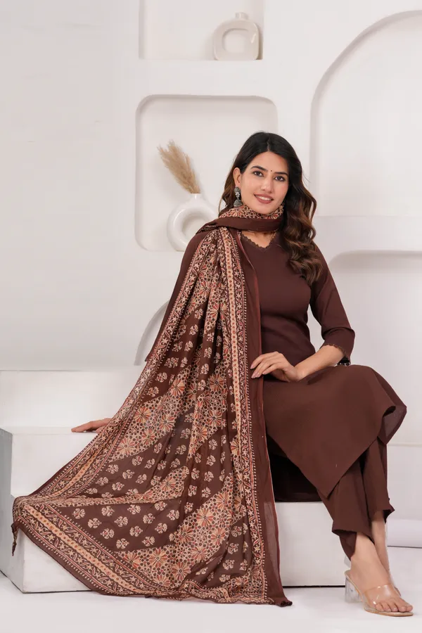 Brown_Solid_Polyester_Kurta_Set_For_Women