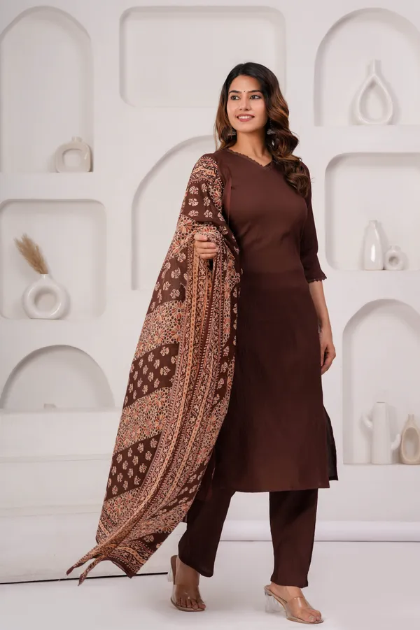 Brown_Solid_Polyester_Kurta_Set_For_Women