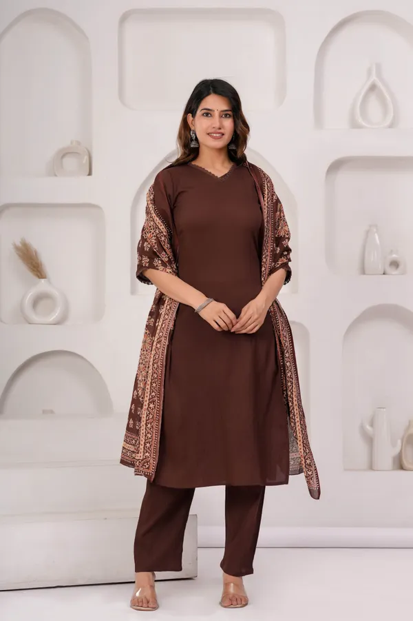 Brown_Solid_Polyester_Kurta_Set_For_Women