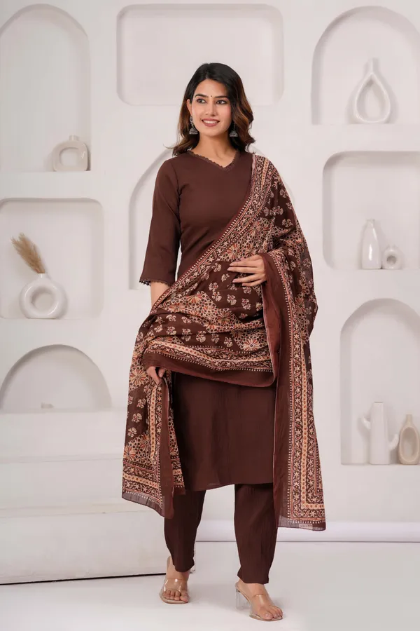 Brown_Solid_Polyester_Kurta_Set_For_Women
