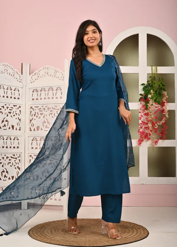 Teal_Blue_Solid_Viscose_Rayon_Kurta_Set_For_Women