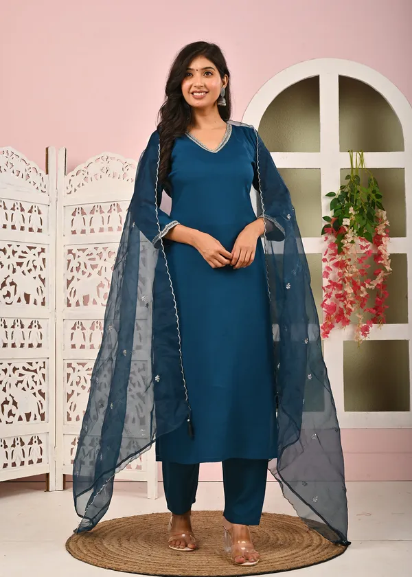 Teal_Blue_Solid_Viscose_Rayon_Kurta_Set_For_Women