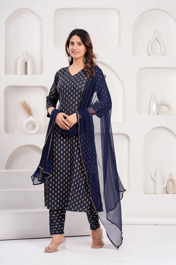 Navy_Blue_Floral_Printed_Viscose_Rayon_Kurta_Set_For_Women